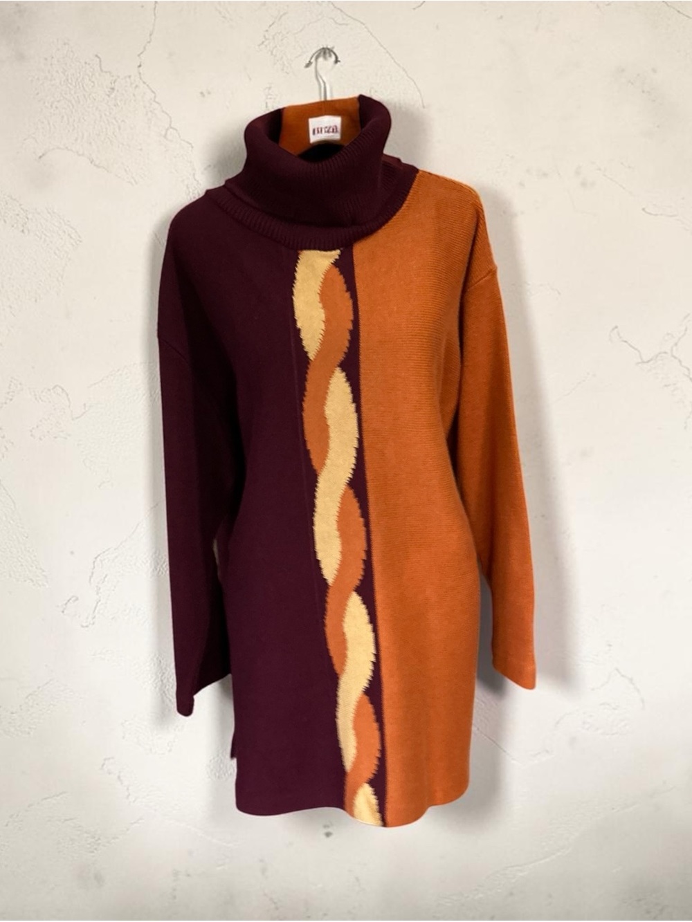 Joan Vass Burgundy & Rust Colorblock Turtleneck Sweater